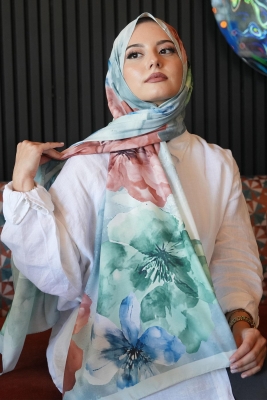 Manolya Çiçek Desen Çağla Soft Pamuk Şal - 1