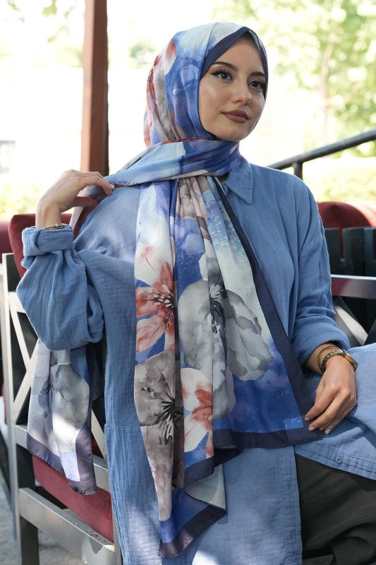 Manolya Çiçek Desen İndigo Soft Pamuk Şal - 1