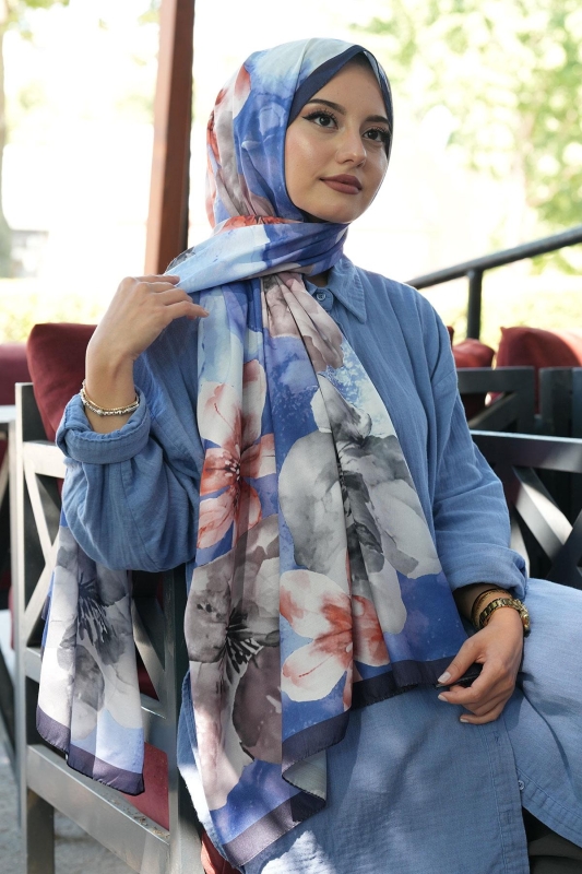Manolya Çiçek Desen İndigo Soft Pamuk Şal - 2