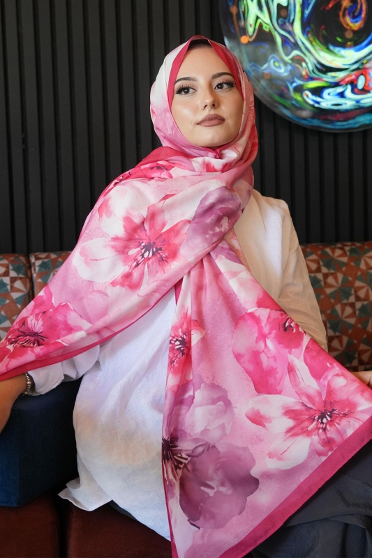 Manolya Çiçek Desen Kırmızı Soft Pamuk Şal - 1