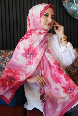 Manolya Çiçek Desen Kırmızı Soft Pamuk Şal - 3