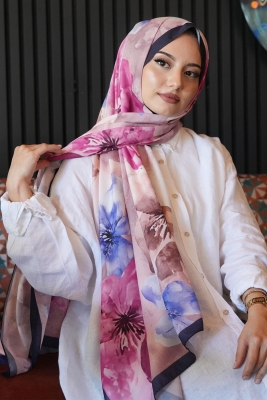 Manolya Çiçek Desen Lacivert Soft Pamuk Şal - 1
