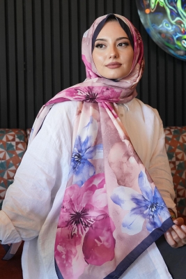 Manolya Çiçek Desen Lacivert Soft Pamuk Şal - 3