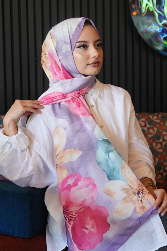 Manolya Çiçek Desen Lavanta Soft Pamuk Şal - 1