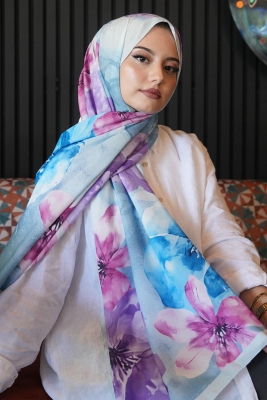 Manolya Çiçek Desen Mavi Soft Pamuk Şal - 1