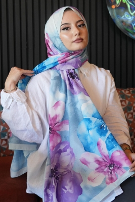 Manolya Çiçek Desen Mavi Soft Pamuk Şal - 2