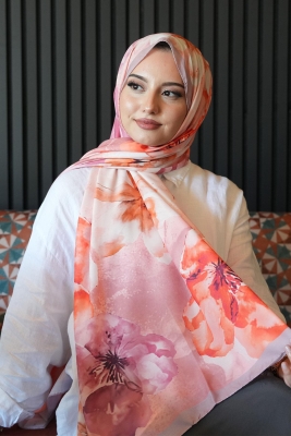 Manolya Çiçek Desen Nar Çiçeği Soft Pamuk Şal - 1