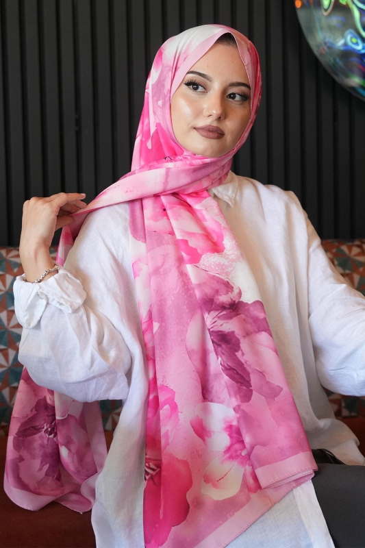 Manolya Çiçek Desen Pembe Soft Pamuk Şal - 3