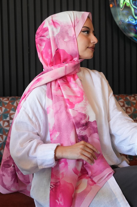 Manolya Çiçek Desen Pembe Soft Pamuk Şal - 4