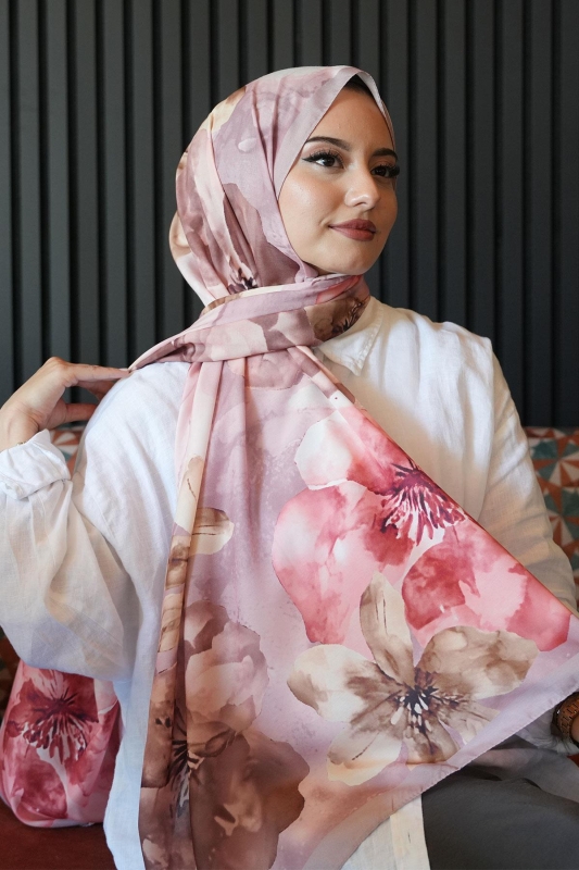 Manolya Çiçek Desen Pudra Soft Pamuk Şal - 1