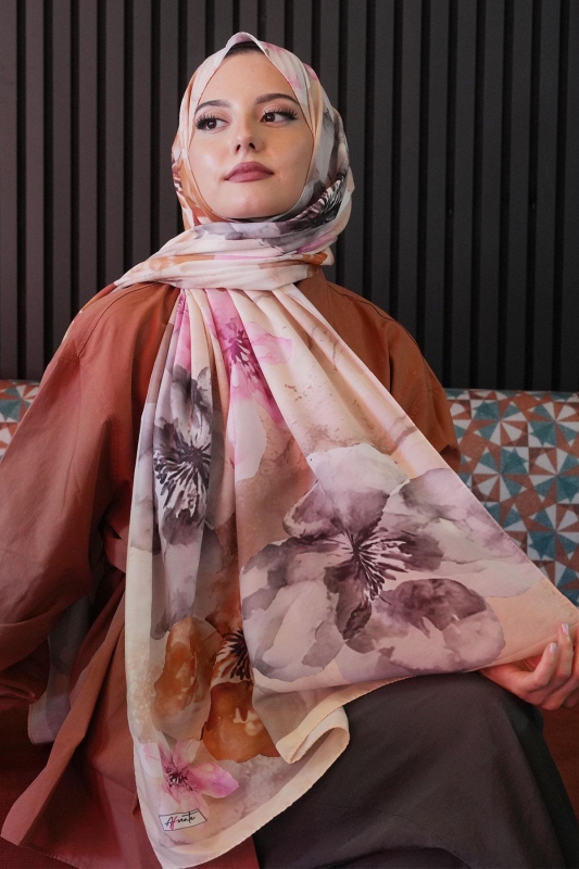 Manolya Çiçek Desen Sarı Soft Pamuk Şal - 2