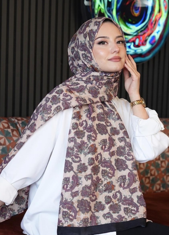Mini Paisley Desen Leylak Soft Pamuk Şal - 1