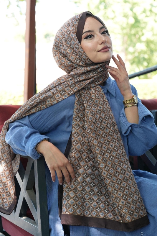Mozaik Desen Çikolata Soft Pamuk Şal - 1