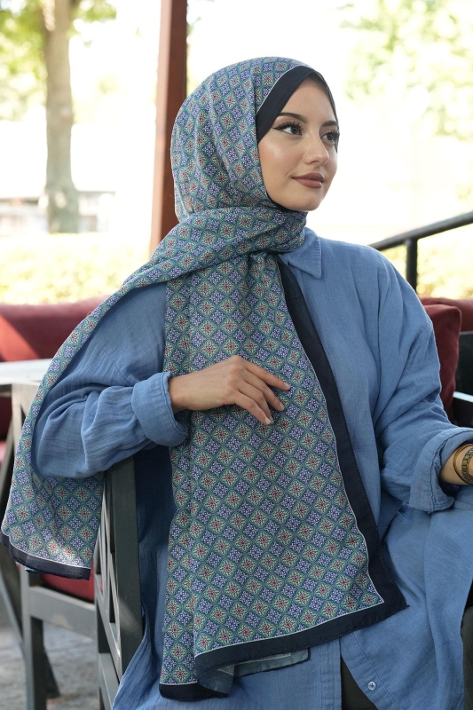 Mozaik Desen Lacivert Soft Pamuk Şal - 1