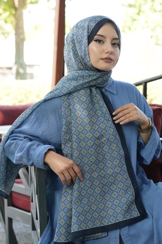 Mozaik Desen Lacivert Soft Pamuk Şal - 4