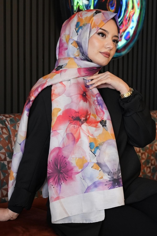 Orkide Desen Pudra Soft Pamuk Şal - 1