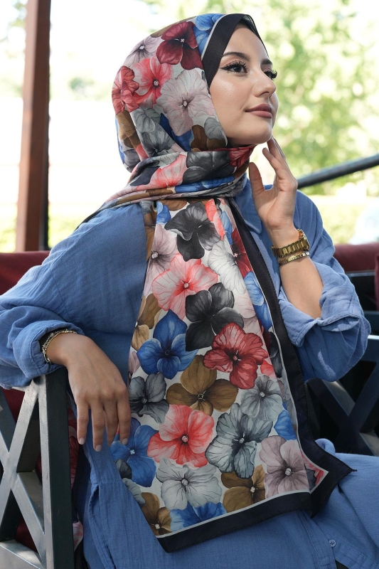 Ortanca Çiçek Desen Lacivert Soft Pamuk Şal - 1