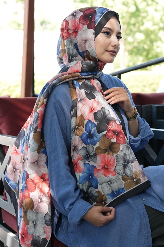 Ortanca Çiçek Desen Lacivert Soft Pamuk Şal - 3