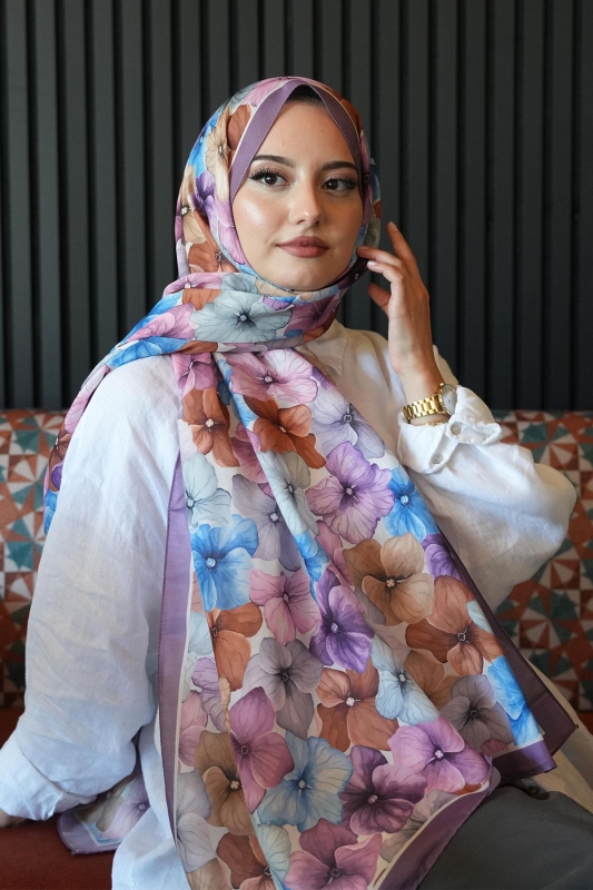 Ortanca Çiçek Desen Lavanta Soft Pamuk Şal - 3