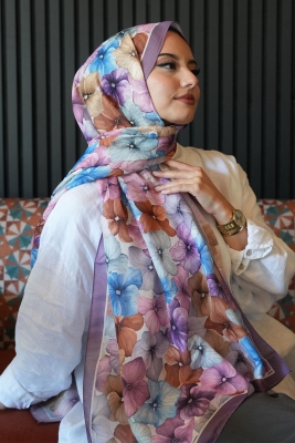 Ortanca Çiçek Desen Lavanta Soft Pamuk Şal - 4
