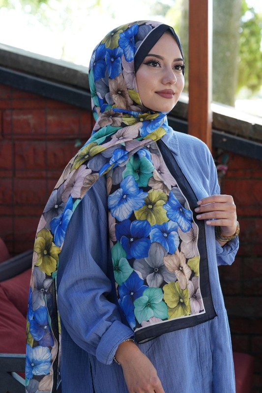 Ortanca Çiçek Desen Saks Soft Pamuk Şal - 1