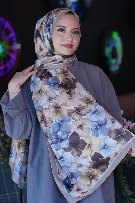 Ortanca Çiçek Desen Vizon Soft Pamuk Şal - 1