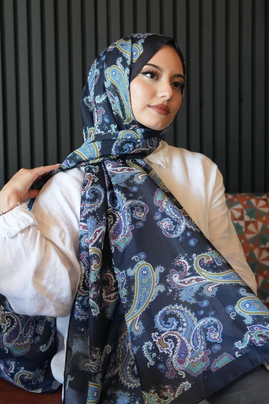Paisley Desen Lacivert Soft Pamuk Şal - 1