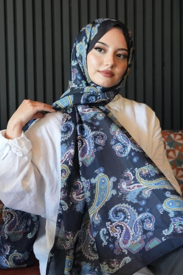 Paisley Desen Lacivert Soft Pamuk Şal - 3