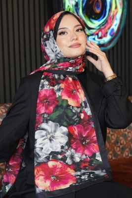 Pastoral Çiçek Desen Fuşya Soft Pamuk Şal - 1