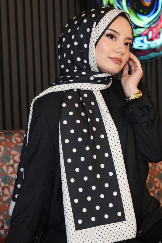Puantiye Desen Siyah Soft Pamuk Şal - 1