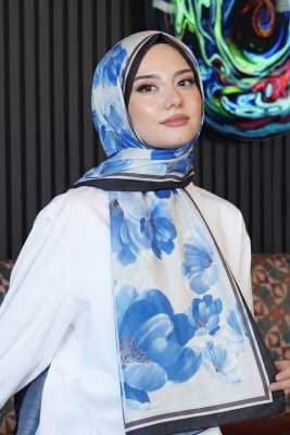 Şakayık Desen Mavi Soft Pamuk Şal - 1