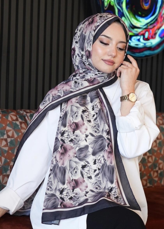 Soft Gül Desen Lavanta Soft Pamuk Şal - 1