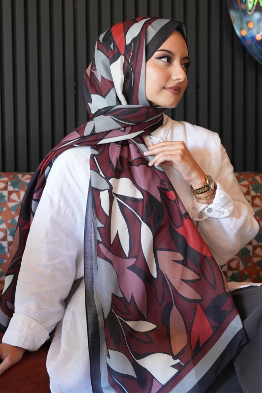 Yaprak Desen Bordo Soft Pamuk Şal - 1