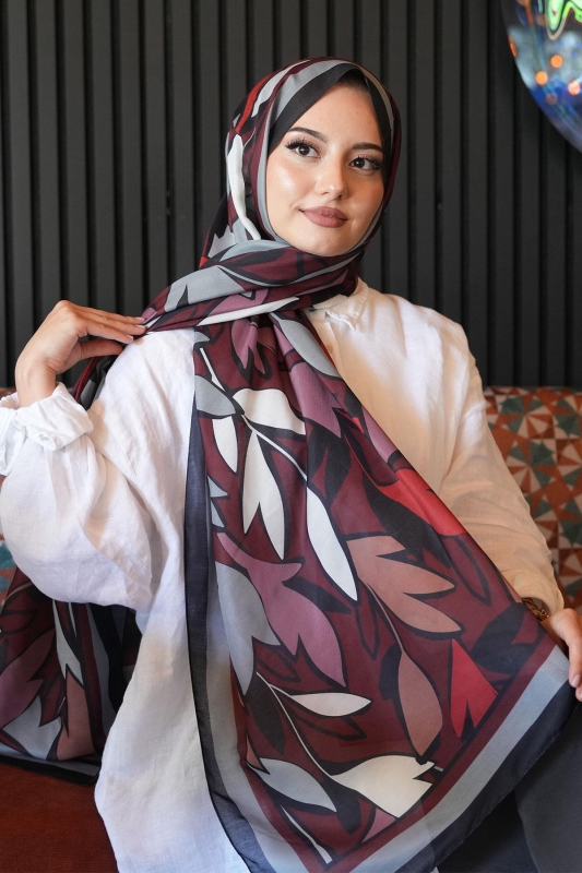 Yaprak Desen Bordo Soft Pamuk Şal - 2
