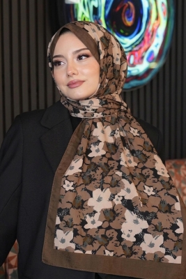 Yaprak Desen Çikolata Kahve Soft Pamuk Şal - 1