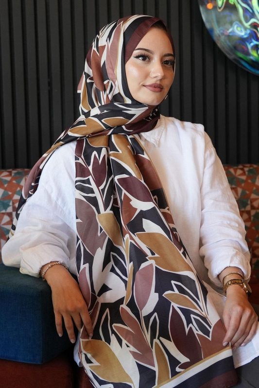 Yaprak Desen Kahverengi Soft Pamuk Şal - 1
