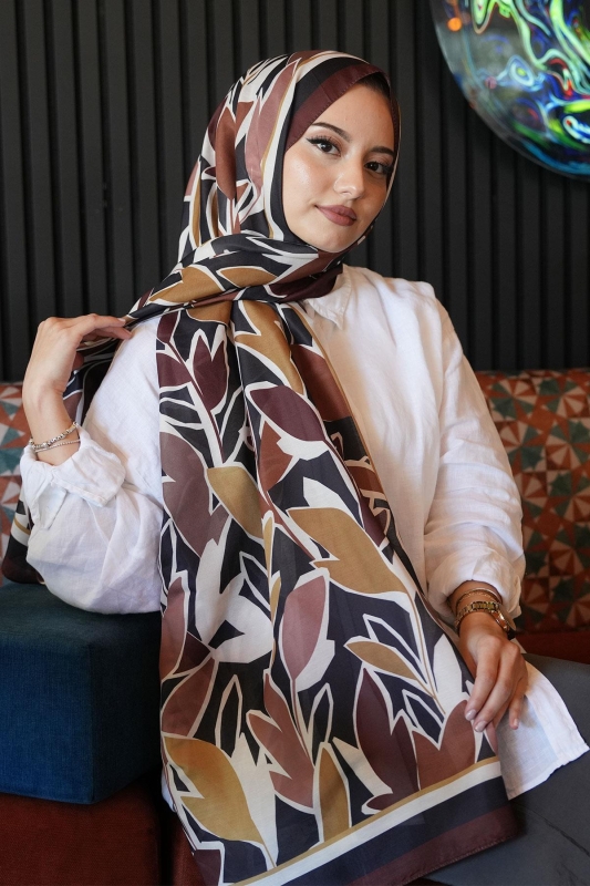 Yaprak Desen Kahverengi Soft Pamuk Şal - 2