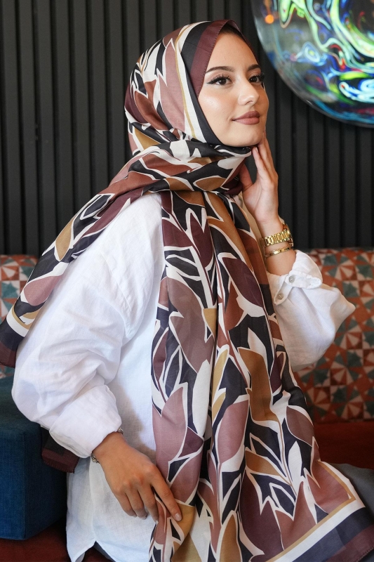 Yaprak Desen Kahverengi Soft Pamuk Şal - 3