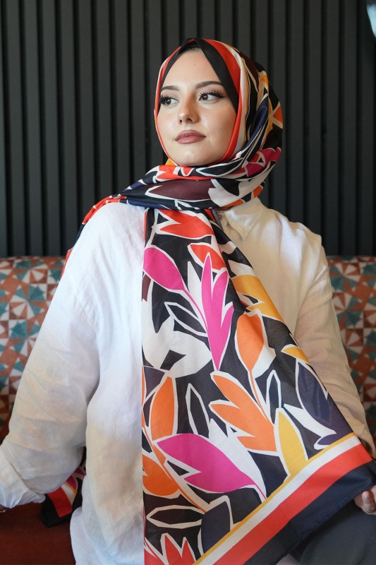 Yaprak Desen Kırmızı Soft Pamuk Şal - 1