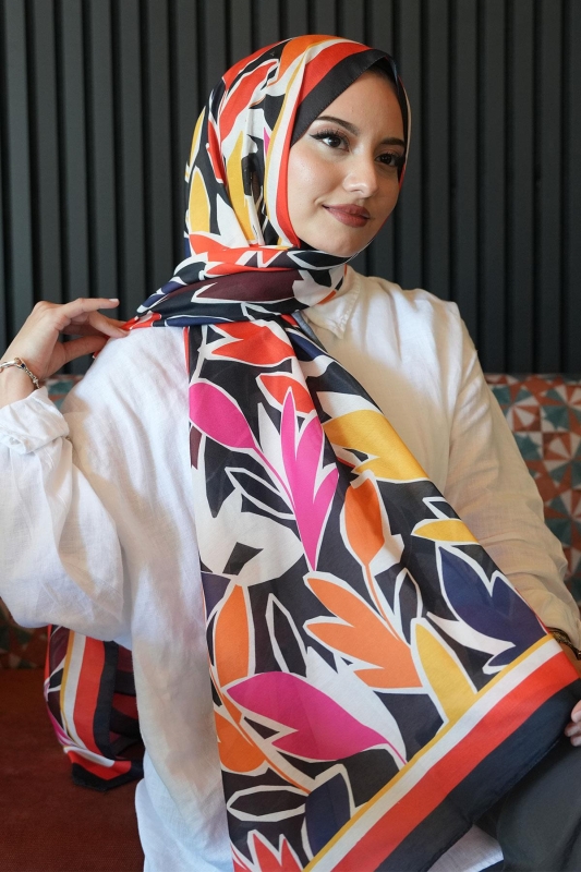 Yaprak Desen Kırmızı Soft Pamuk Şal - 2