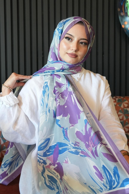Zambak Çiçek Desen Lavanta Soft Pamuk Şal - 1