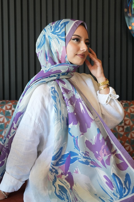 Zambak Çiçek Desen Lavanta Soft Pamuk Şal - 2