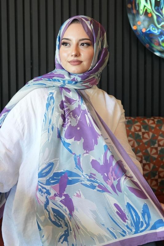 Zambak Çiçek Desen Lavanta Soft Pamuk Şal - 4