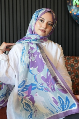 Zambak Çiçek Desen Lavanta Soft Pamuk Şal - 3