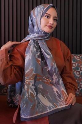 Zambak Çiçek Desen Mavi Soft Pamuk Şal - 1