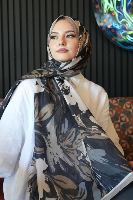 Zambak Çiçek Desen Siyah Soft Pamuk Şal - Afvente