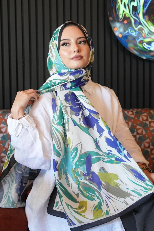 Zambak Çiçek Desen Yeşil Soft Pamuk Şal - 1