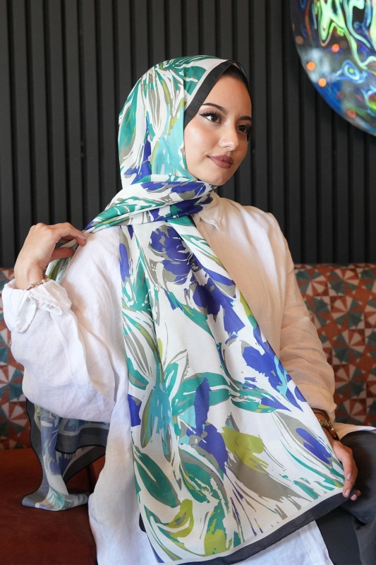 Zambak Çiçek Desen Yeşil Soft Pamuk Şal - 2