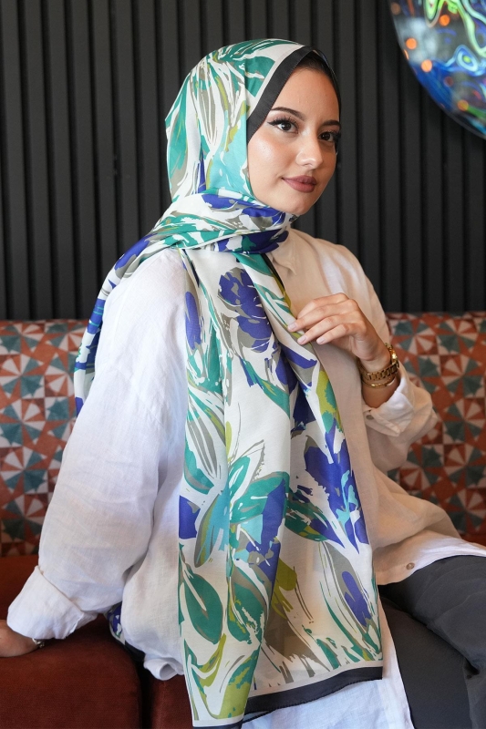 Zambak Çiçek Desen Yeşil Soft Pamuk Şal - 3