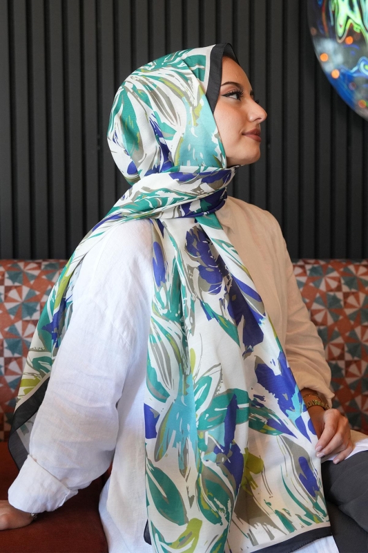 Zambak Çiçek Desen Yeşil Soft Pamuk Şal - 4